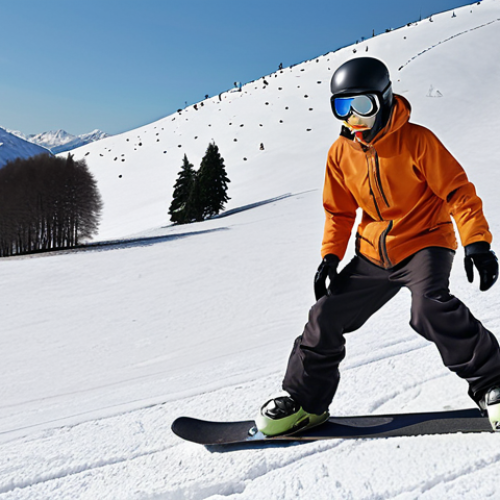 Home 19 ** A beginner snowboarder on a gentle slope, focused on the "foglia di faggio" technique, with instructors in the background.
**