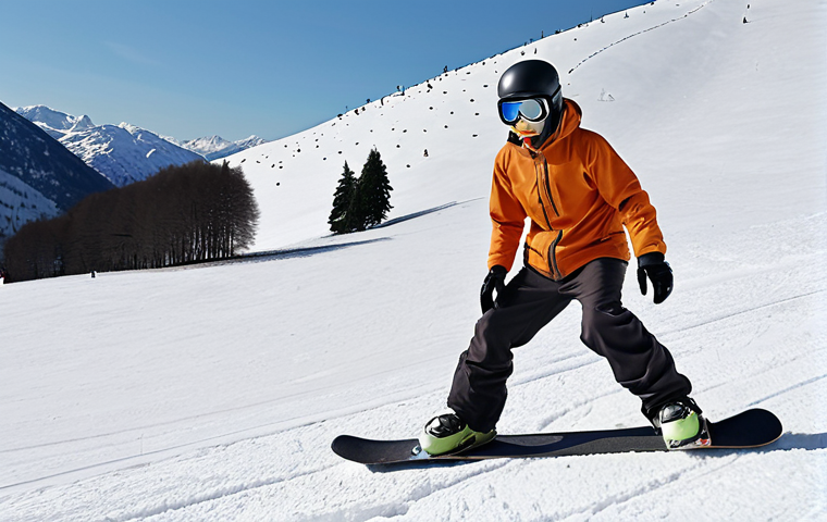 ** A beginner snowboarder on a gentle slope, focused on the "foglia di faggio" technique, with instructors in the background.
**