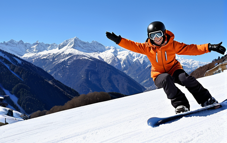 **
A beginner snowboarder smiling, slightly off-balance but clearly having fun, on a gentle, wide slope in the Italian Alps. Focus on the beginner snowboarder wearing proper gear (helmet, gloves, warm clothing). The background should feature picturesque snow-covered mountains and a clear blue sky.
**