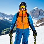 A male skier, dressed in professional, fully clothed, high-performance layered ski attire, featuring a technical outer jacket and insulated pants. Standing on a pristine, sunlit ski slope in the Dolomites, with snow-capped peaks in the background and a clear blue sky. Posing naturally, looking towards the majestic mountain scenery, exuding comfort and readiness for a day of skiing. Perfect anatomy, correct proportions, well-formed hands, natural body proportions, professional ski photography, high detail, vivid colors, appropriate content, safe for work, modest, family-friendly.