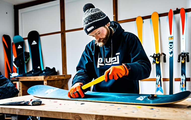 **
"A snowboarder meticulously waxing their snowboard in a well-lit workshop, fully clothed in appropriate snowboarding gear, with various tools and waxes neatly arranged. Safe for work, appropriate content, professional snowboard maintenance, perfect anatomy, natural proportions, family-friendly, high-quality image."
**