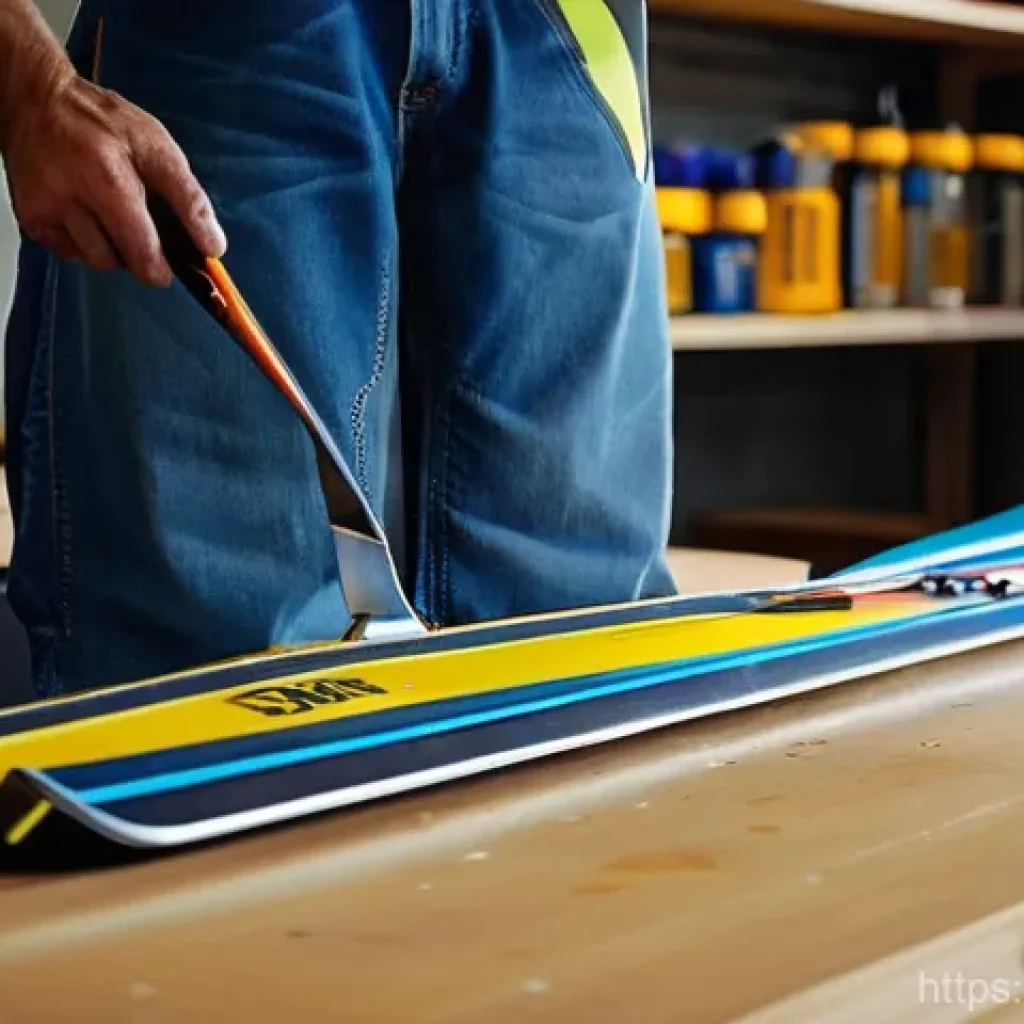 스키 장비 세척 방법 - **Prompt:** A pair of high-performance alpine skis resting on a dedicated workbench in a well-lit, c...