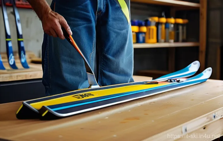 스키 장비 세척 방법 - **Prompt:** A pair of high-performance alpine skis resting on a dedicated workbench in a well-lit, c...