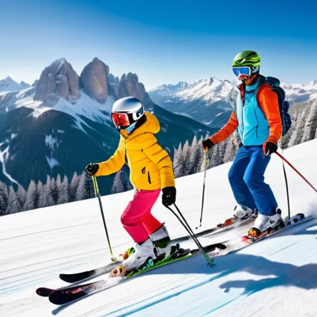 스키 여행 지역별 추천 - **Val Gardena: Sellaronda Family Adventure**
    A vibrant, wide-angle image depicting a family of f...