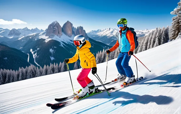 스키 여행 지역별 추천 - **Val Gardena: Sellaronda Family Adventure**
A vibrant, wide-angle image depicting a family of f...
