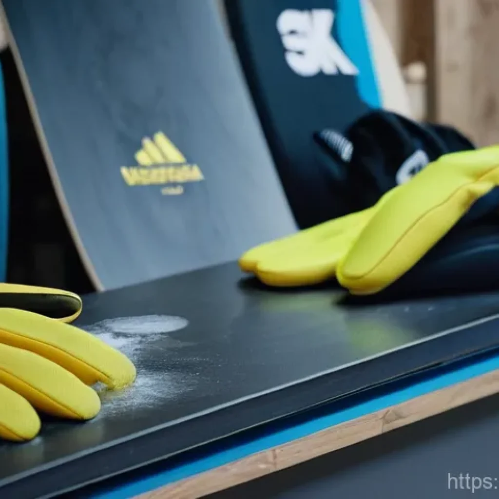 스노우보드 장비 유지보수 - **Aesthetic Post-Season Snowboard Storage Preparation.**
A detailed, close-up shot capturing han...
