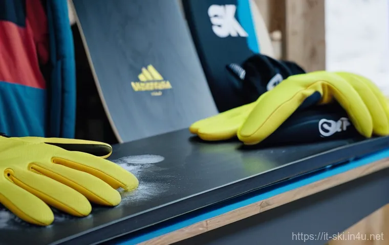 스노우보드 장비 유지보수 - **Aesthetic Post-Season Snowboard Storage Preparation.**
A detailed, close-up shot capturing han...