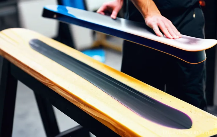 스노우보드 장비 유지보수 - **Precision Snowboard Edge Sharpening.**
A focused, mid-angle shot of a snowboard's metal edge b... 스노우보드 장비 유지보수 - **Precision Snowboard Edge Sharpening.**
A focused, mid-angle shot of a snowboard's metal edge b...