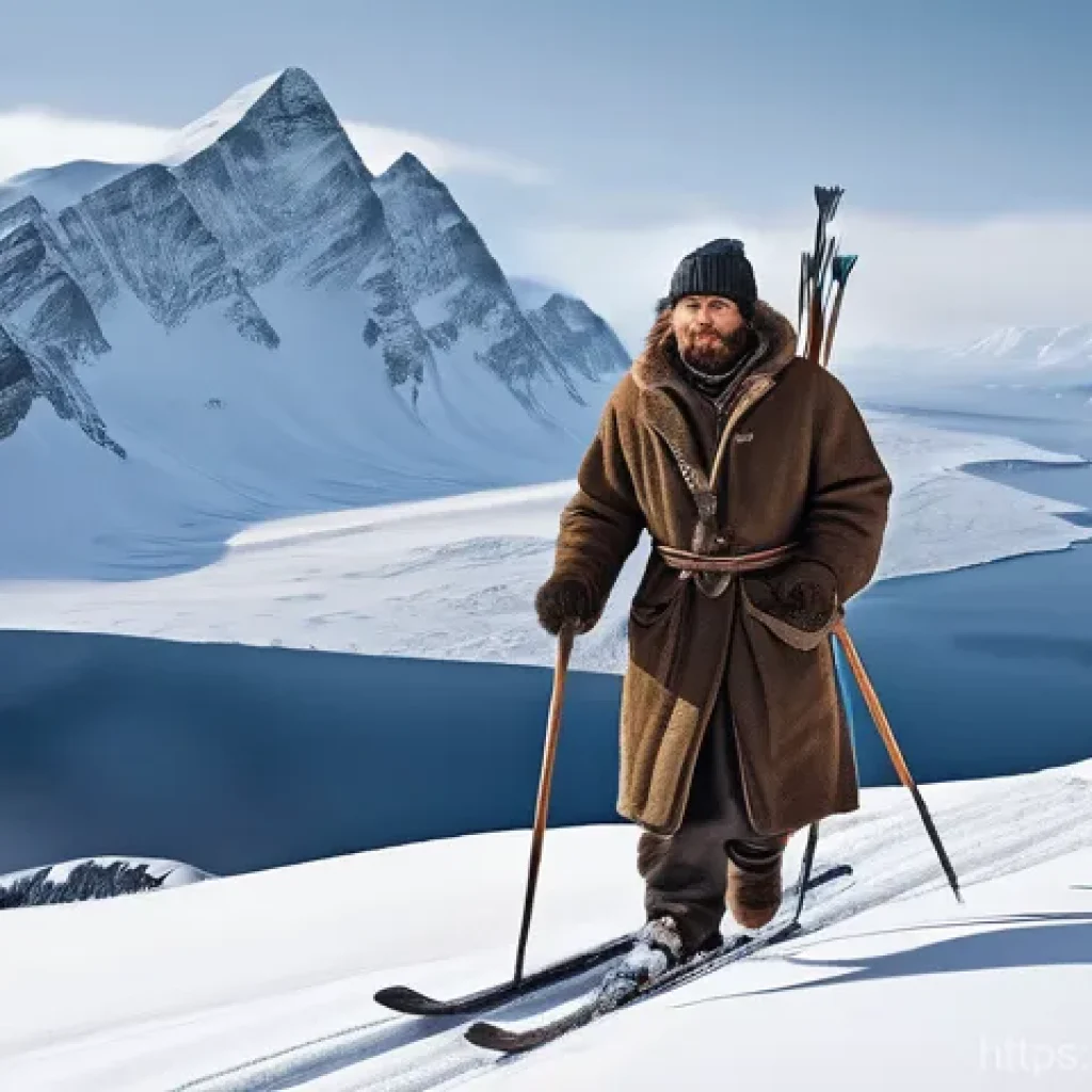 스키와 보드의 역사 - **Ancient Survival Skiing in a Harsh Winter Landscape**
    An ancient solitary figure, a hunter or ...