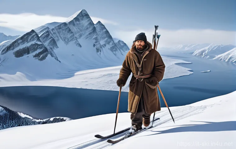 스키와 보드의 역사 - **Ancient Survival Skiing in a Harsh Winter Landscape**
An ancient solitary figure, a hunter or ...