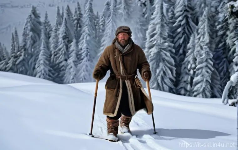 스키와 보드의 역사 - **Ancient Survival Skiing in a Harsh Winter Landscape**
    An ancient solitary figure, a hunter or ...