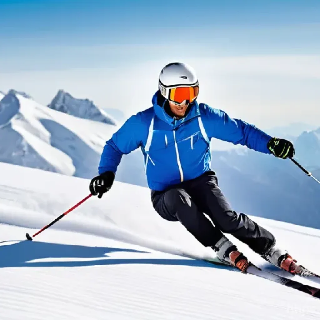 스키 지팡이 사용법 - **Prompt 1: Skier elegantly carving on a groomed slope with fixed poles.**
    "A male skier, approx...