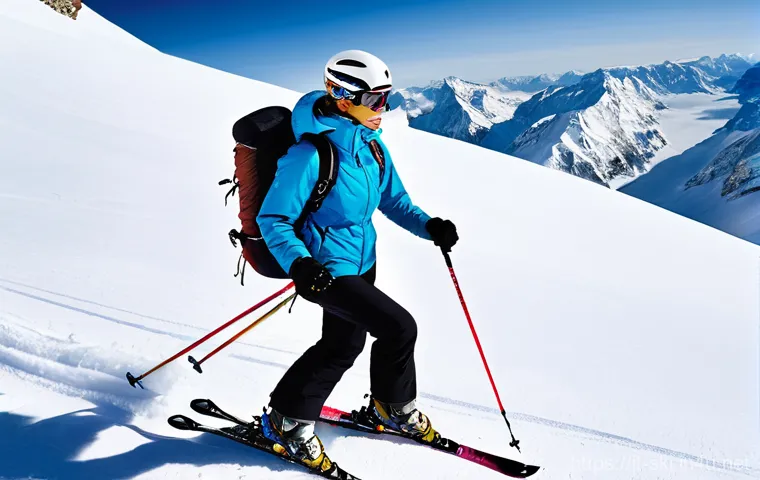 스키 지팡이 사용법 - **Prompt 1: Skier elegantly carving on a groomed slope with fixed poles.**
    "A male skier, approx...