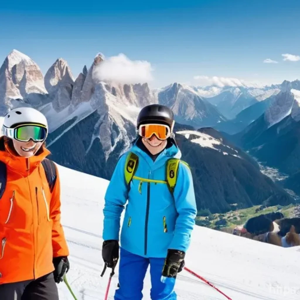 스노우보드 시즌권 비교 - **Prompt:** A vibrant, panoramic view of the majestic Italian Dolomites on a sunny winter day. A gro...