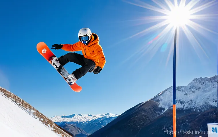 스노우보드 코스별 리뷰 - **Prompt:** "An energetic snowboarder in full modern winter gear, including a helmet and goggles, la...