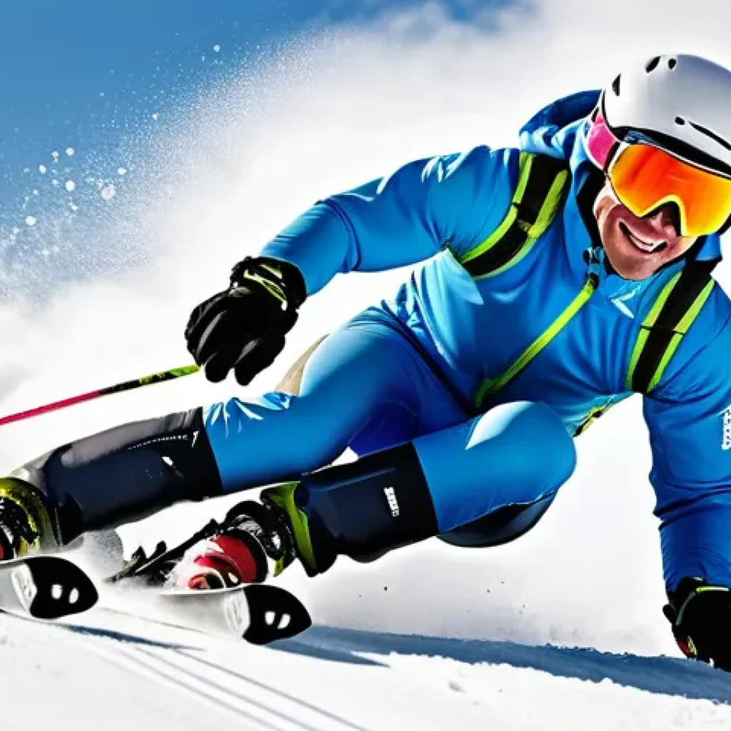 스키 중급 코스 준비물 - **Dynamic Skier on a Red Slope, Emphasizing Physicality and Technique:**
A highly detailed, acti...