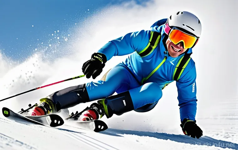 스키 중급 코스 준비물 - **Dynamic Skier on a Red Slope, Emphasizing Physicality and Technique:**
A highly detailed, acti...