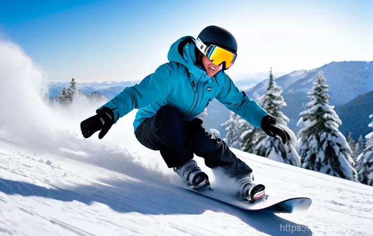 스노우보드 중급자 추천 장비 - Prompt 1: Dynamic Intermediate Snowboarder on a Hybrid Board**
