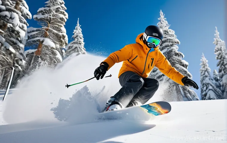 스노우보드 데크 선택법 - **Prompt:** A dynamic, high-definition action shot of a snowboarder carving through deep, untouched ...