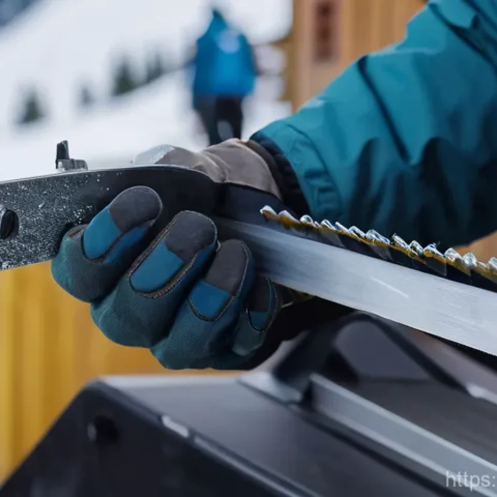 스노우보드 튜닝 서비스 - **Prompt for Edge Sharpening:**
    "A close-up, highly detailed shot of a professional ski tuner me...