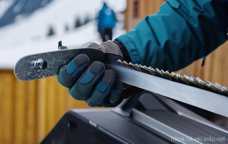 스노우보드 튜닝 서비스 - **Prompt for Edge Sharpening:**
"A close-up, highly detailed shot of a professional ski tuner me...