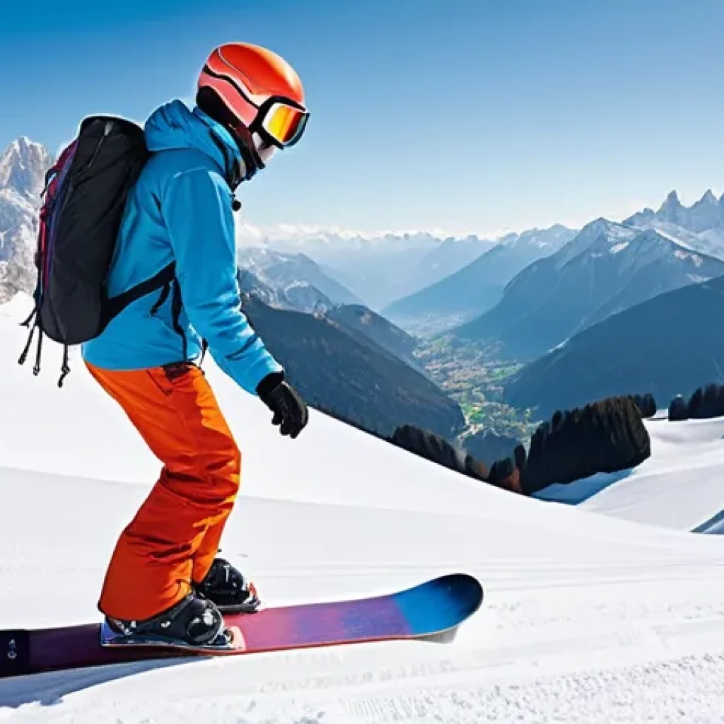 스키와 보드 비교 분석 - **Prompt: "A joyful beginner snowboarder, a young adult with a wide smile, wearing a vibrant, modern...