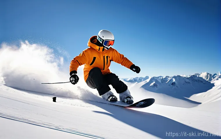 스노우보드 부츠 사이즈 선택법 - **Prompt: Precision Carving with Perfect Fit**
    A dynamic, medium-angle shot of a snowboarder eff...