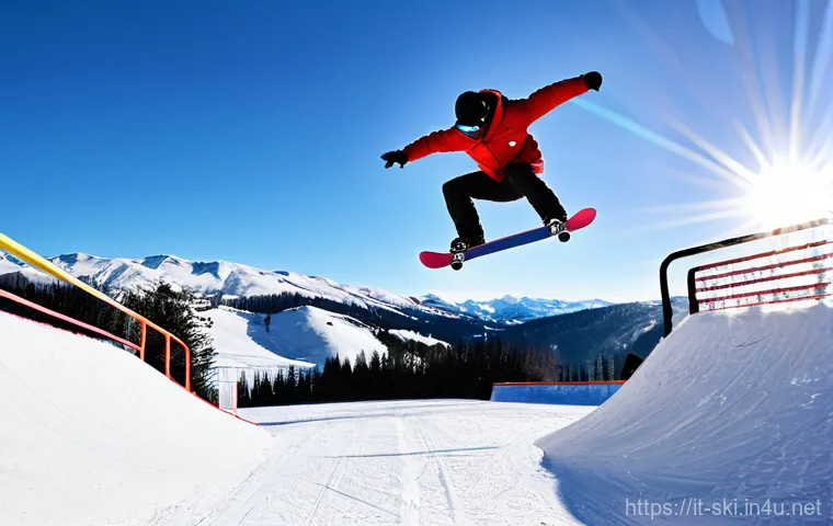 스노우보드 데크 길이 선택 - **Freestyle/Park Session in a Vibrant Snowpark**
    A male snowboarder in his late teens or early t...