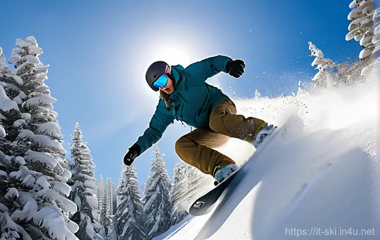 스노우보드 데크 길이 선택 - **Elegant Carving on a Pristine Piste**
    A female snowboarder in her mid-twenties, dressed in sle...
