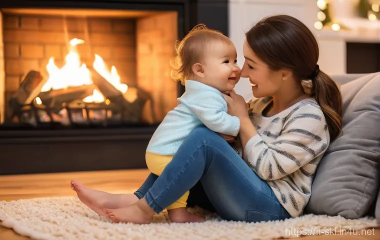 스노우보드 의류 매칭법 - **Prompt**: A cozy indoor scene featuring a young family. A mother, dressed in a comfortable long-sl...