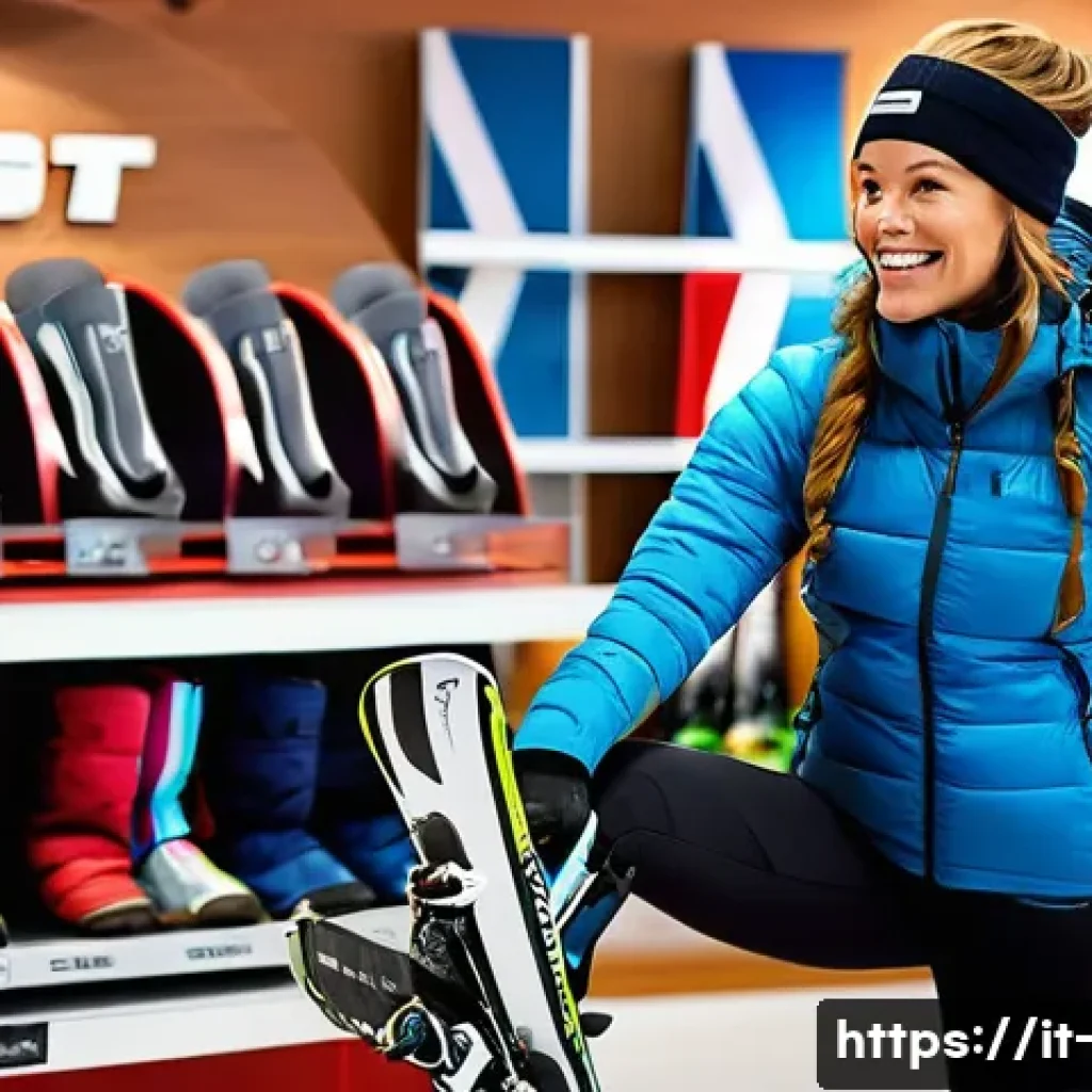 스키 전문가의 충고 - A happy female skier, approximately 30 years old with an athletic build, is shown in a brightly lit,...