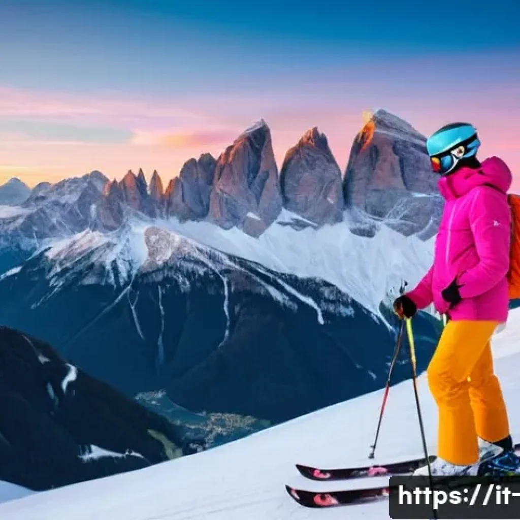 스키 여행 추천 코스 - **Prompt:** A majestic panoramic view of the Italian Dolomites during sunset. The towering, rugged r...