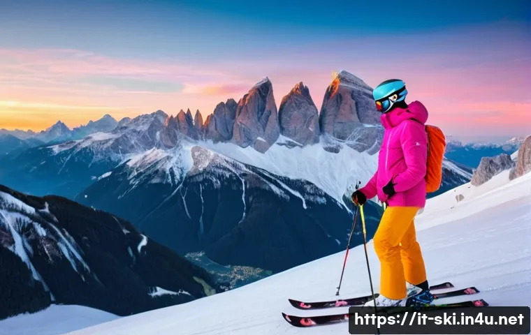 스키 여행 추천 코스 - **Prompt:** A majestic panoramic view of the Italian Dolomites during sunset. The towering, rugged r...