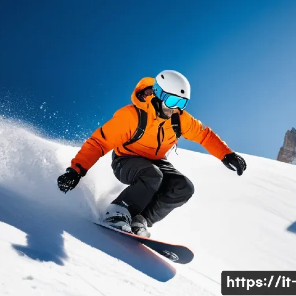 스노우보드 커뮤니티 리뷰 - A male snowboarder in his late 20s, wearing a vibrant blue and orange technical snowboarding jacket,...