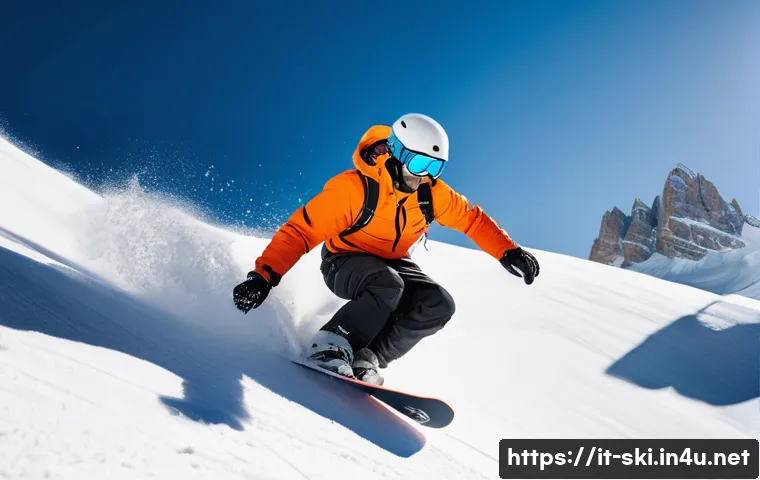 스노우보드 커뮤니티 리뷰 - A male snowboarder in his late 20s, wearing a vibrant blue and orange technical snowboarding jacket,...