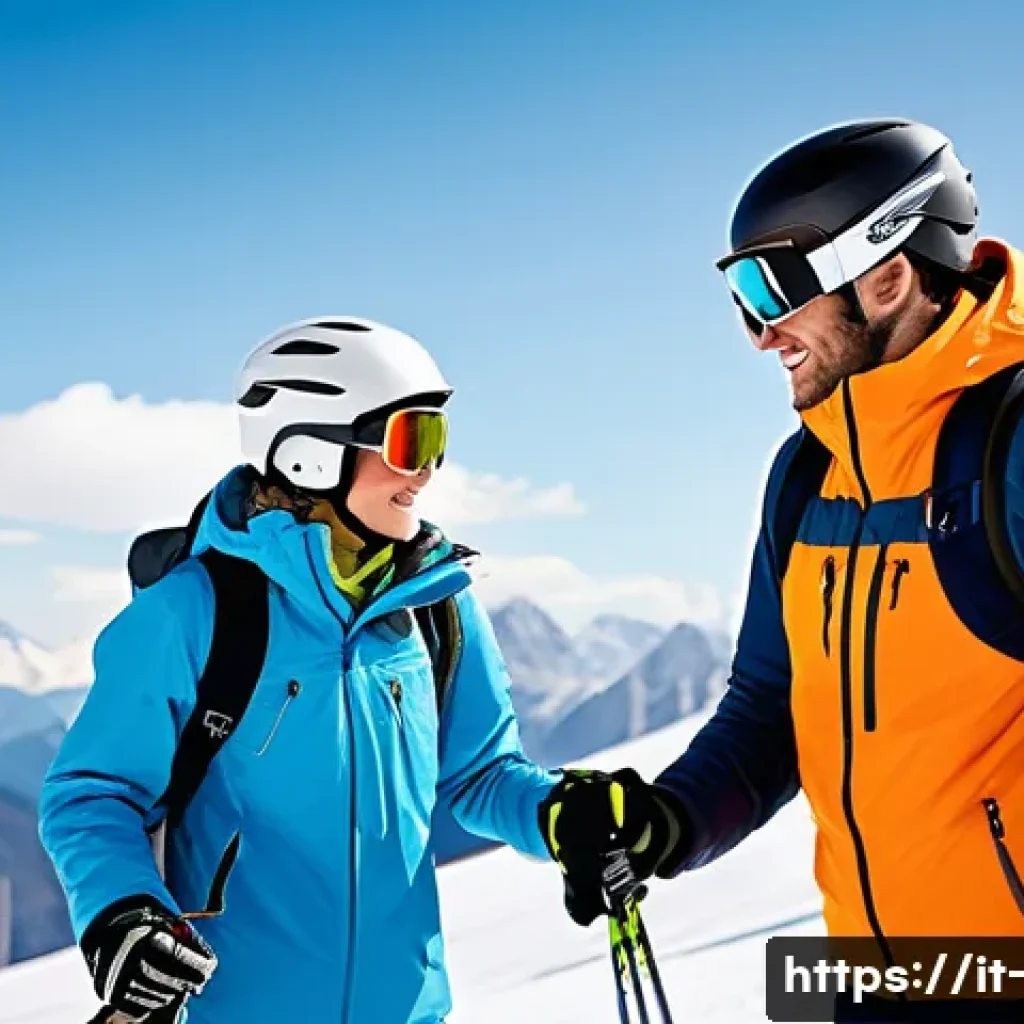 스키와 보드 레슨 비교 - A detailed scene of a beginner ski lesson on a sunny Italian alpine slope, showing a young adult wea...