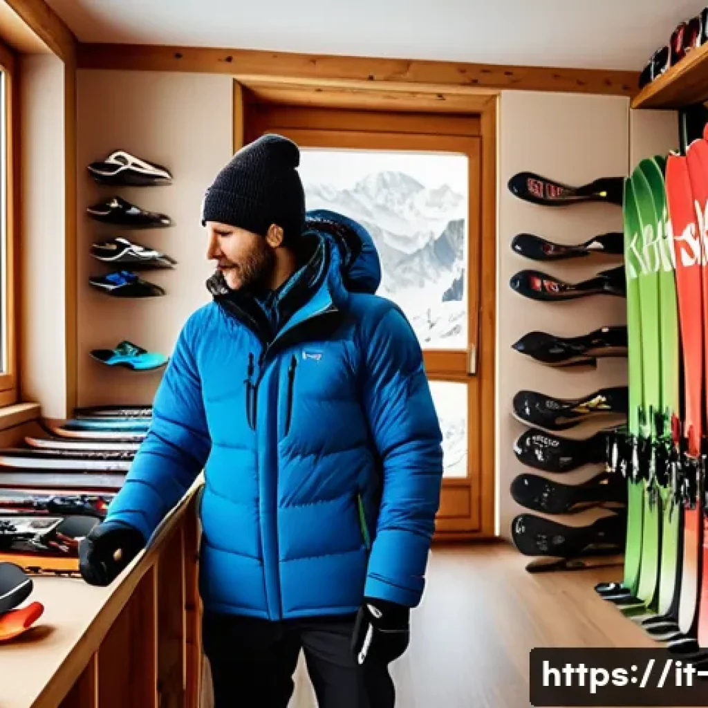 스키와 보드 초보자 FAQ - A detailed winter sports equipment rental shop interior in the Italian Alps, showing a variety of sk...