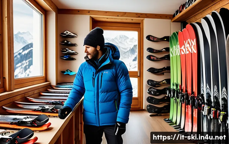 스키와 보드 초보자 FAQ - A detailed winter sports equipment rental shop interior in the Italian Alps, showing a variety of sk...