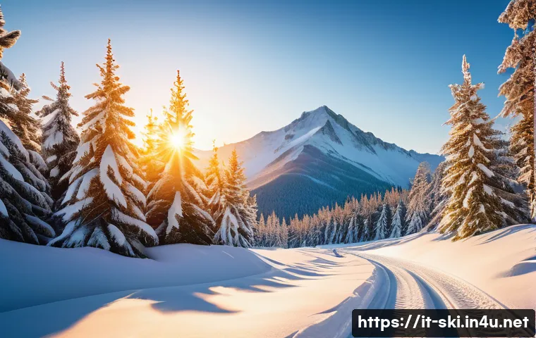 스키 여행 사진 촬영 팁 - A vibrant winter landscape featuring a snow-covered mountain with a wide-angle view, showcasing deta...