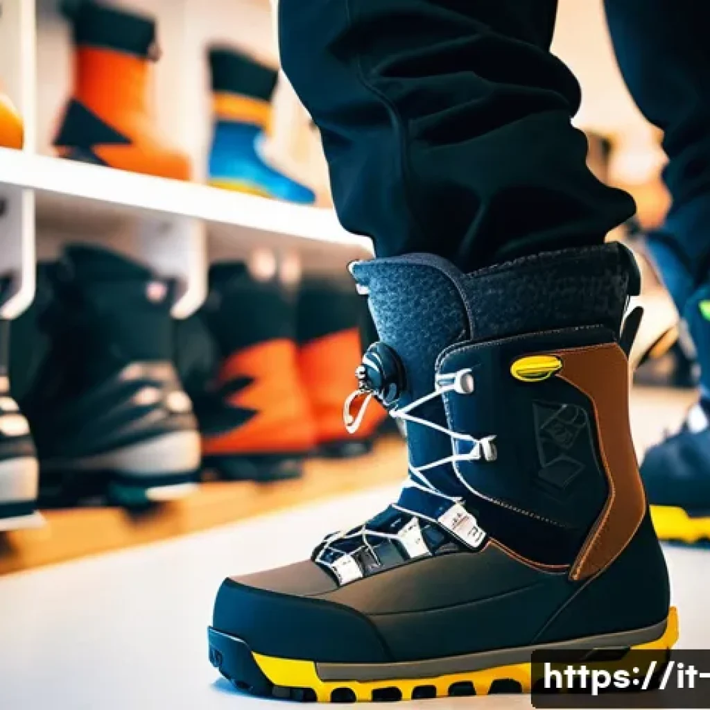 스노우보드 부츠와 인솔 선택 - A detailed close-up image of a person trying on high-quality all-mountain snowboard boots in a moder...