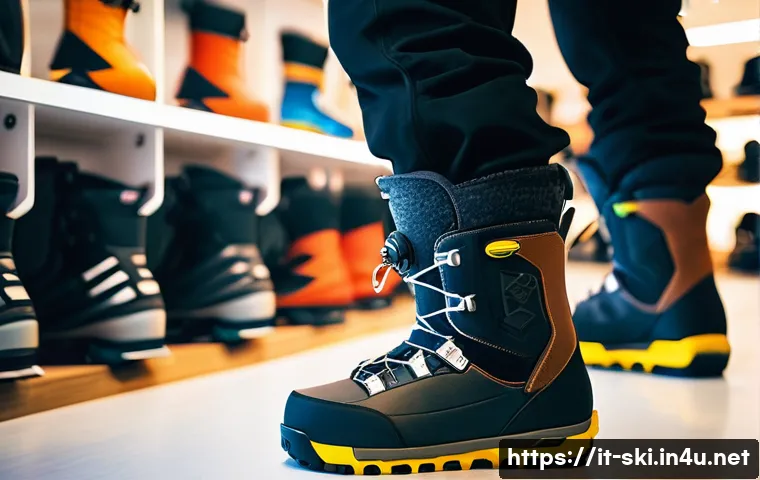스노우보드 부츠와 인솔 선택 - A detailed close-up image of a person trying on high-quality all-mountain snowboard boots in a moder...