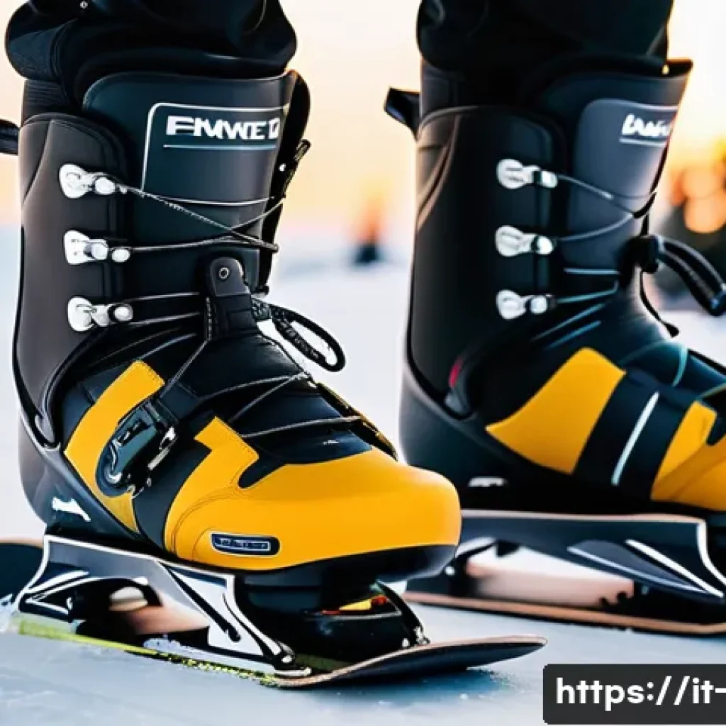 스노우보드 바인딩 세팅 가이드 - A detailed close-up of a snowboard setup focusing on the bindings, showing a "duck stance" with symm...