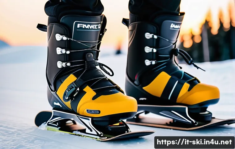 스노우보드 바인딩 세팅 가이드 - A detailed close-up of a snowboard setup focusing on the bindings, showing a "duck stance" with symm...