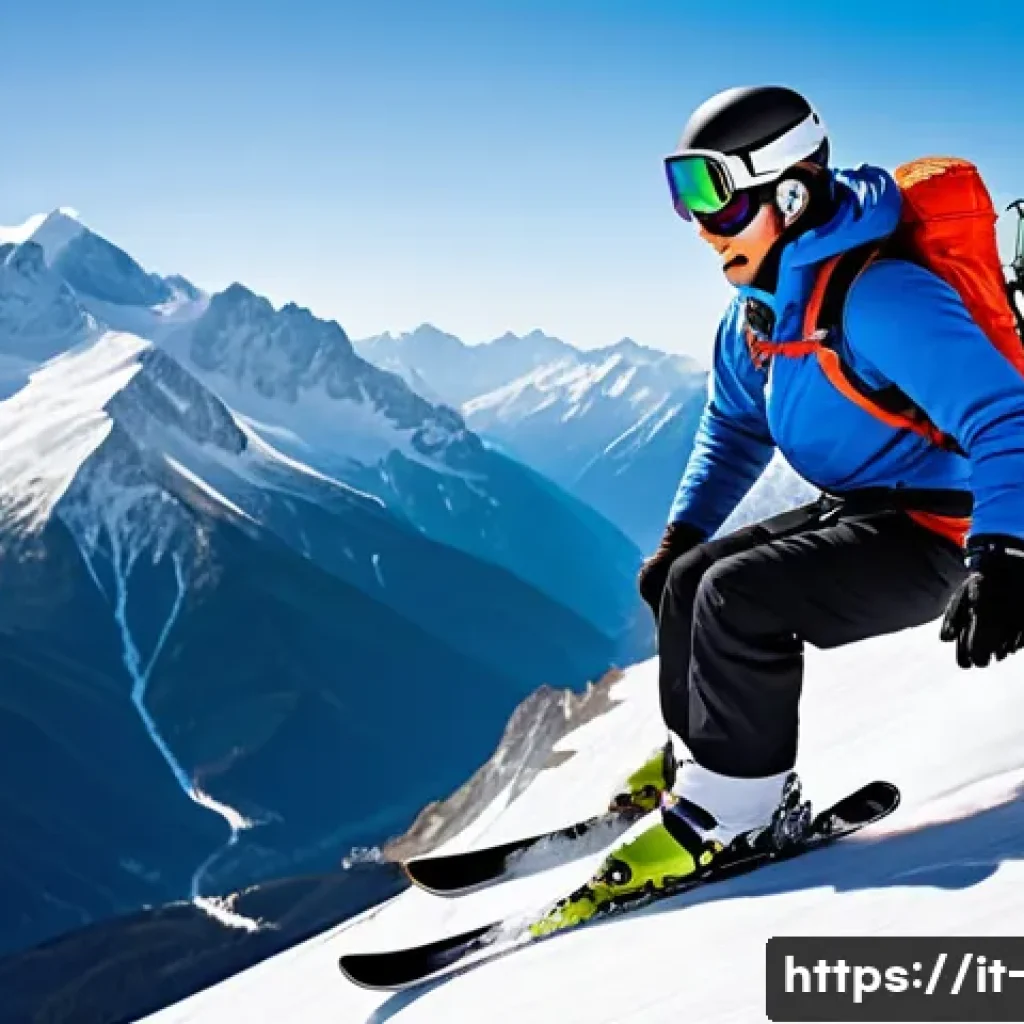 스키 전문가 초청 강의 - A skilled skier wearing full technical gear including a helmet, goggles with reflective lenses, insu...