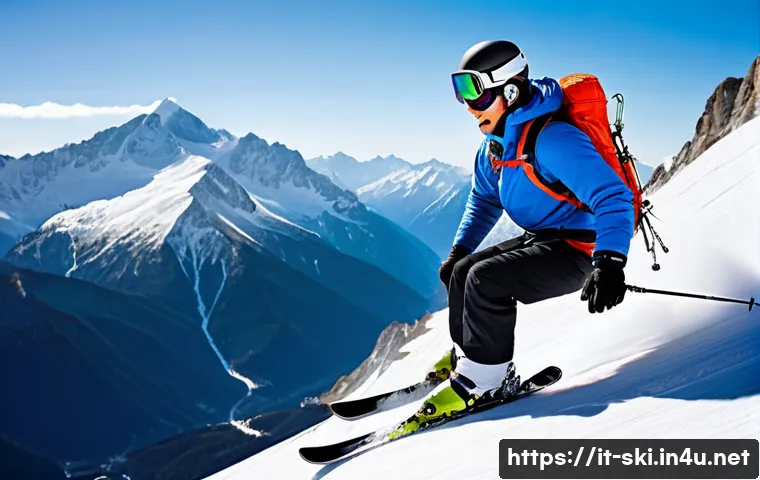 스키 전문가 초청 강의 - A skilled skier wearing full technical gear including a helmet, goggles with reflective lenses, insu...