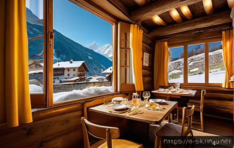 스키장별 할인 이벤트 - A cozy historic alpine refuge in the Italian mountains during winter, with warm wooden interiors, a ...