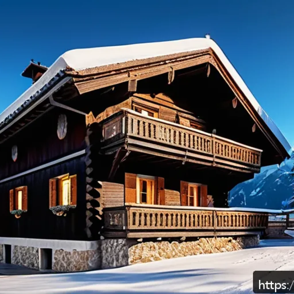 스키장 숙박 패키지 - A cozy wooden chalet nestled in the snowy Italian Alps during winter, surrounded by pine trees duste...
