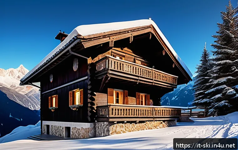 스키장 숙박 패키지 - A cozy wooden chalet nestled in the snowy Italian Alps during winter, surrounded by pine trees duste...