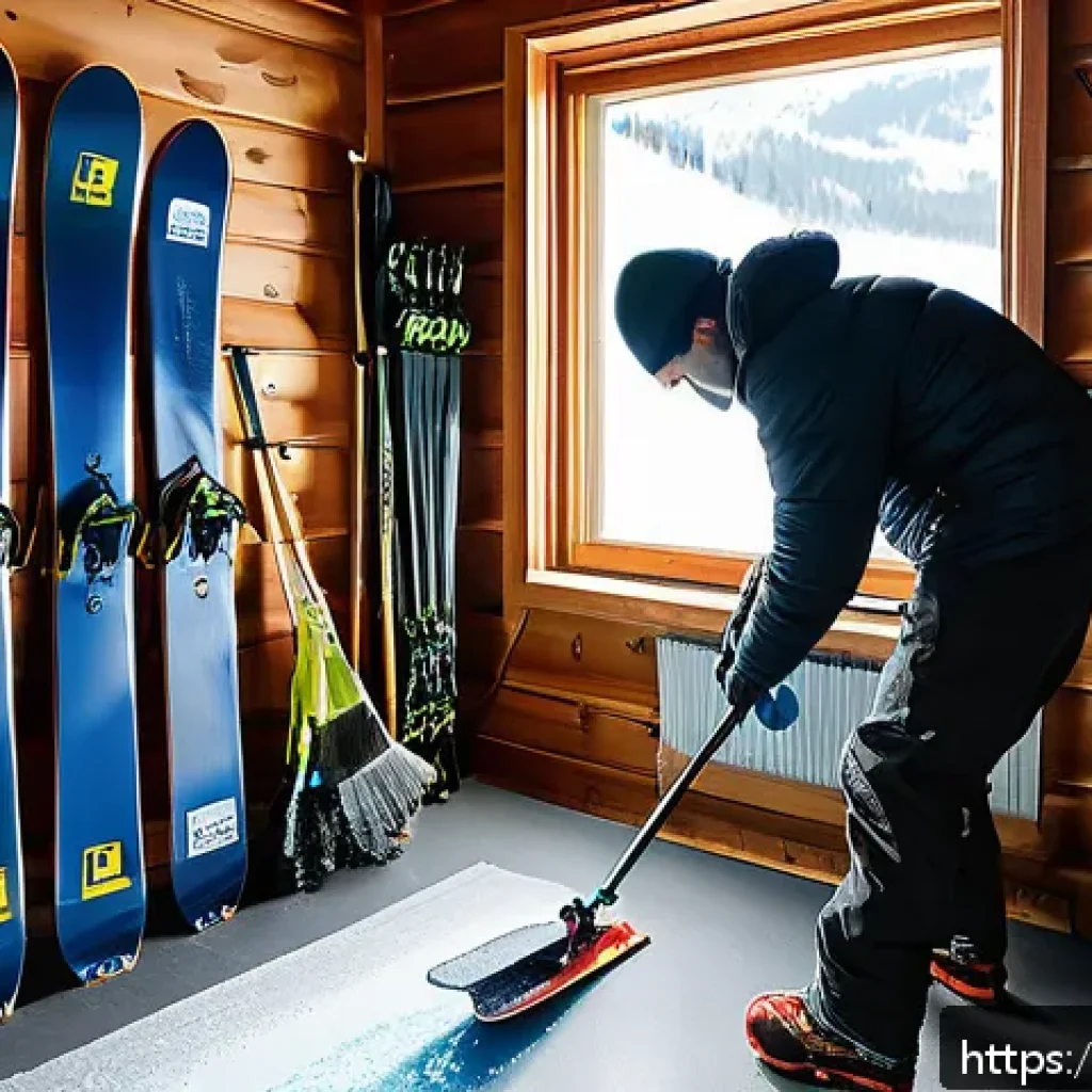 스키와 보드 장비 보관법 - A detailed scene showing a person meticulously cleaning skis and a snowboard indoors before summer s...