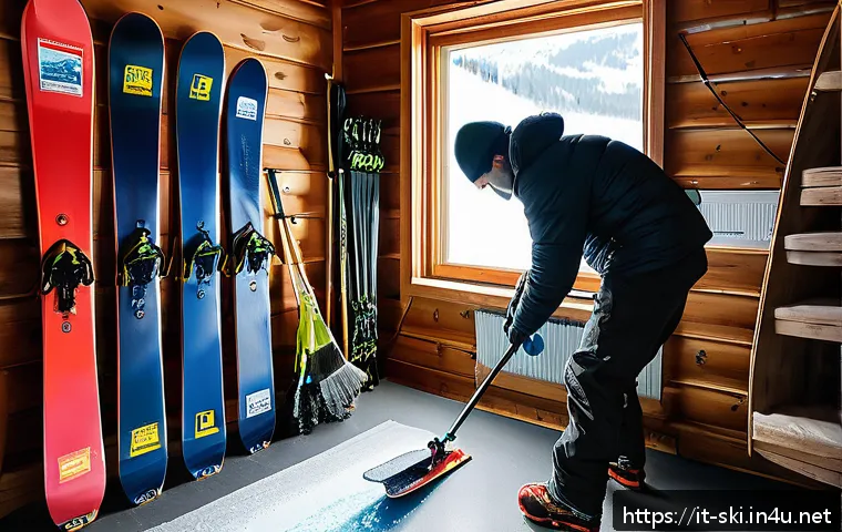 스키와 보드 장비 보관법 - A detailed scene showing a person meticulously cleaning skis and a snowboard indoors before summer s...